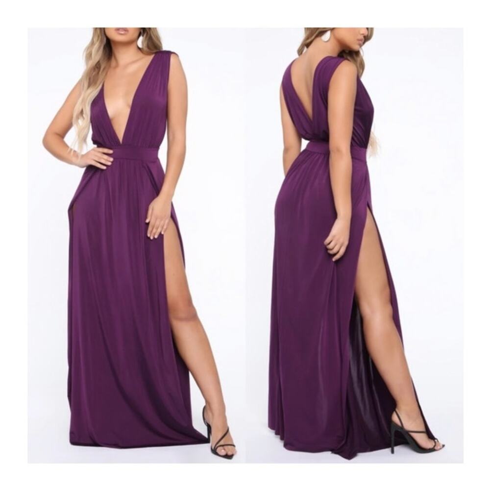 Fashion nova deep purple double slit plunging neck long dress gown XS
